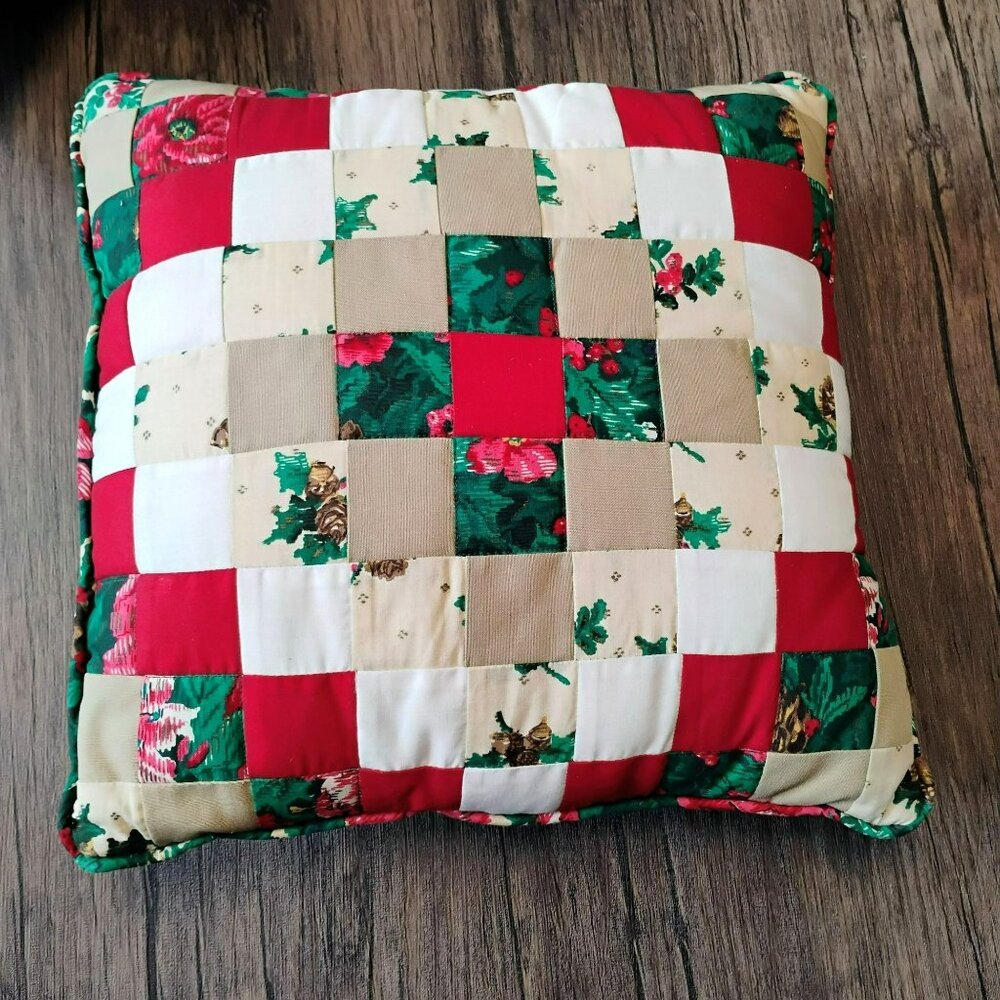 Holiday Patchwork Throw Pillow, Vintage Handmade Quilted Red Green Floral 14" - Picture 5 of 6